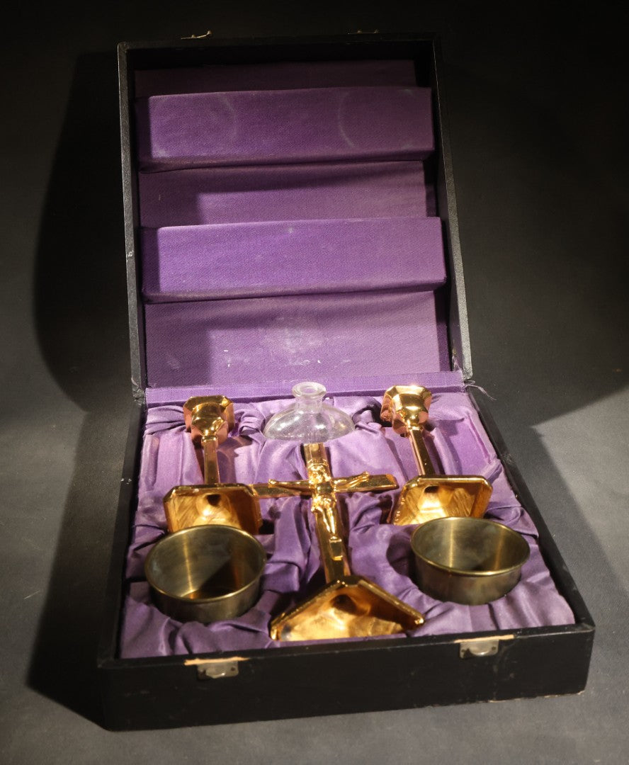 Vintage Portable Catholic Travel Mass Kit with Gilt Crucifix, Candlesticks, Bowls, and Glass Holy Water Bottle in Black Case with Purple Silk Lining
