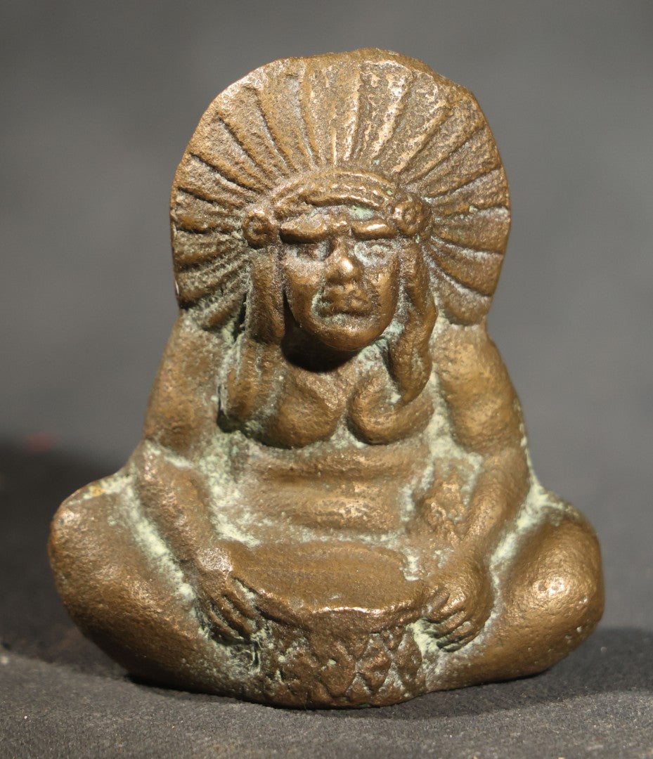 Vintage Brass Miniature Figural Paperweight of a Seated Figure in a Feathered Headdress Holding a Bowl