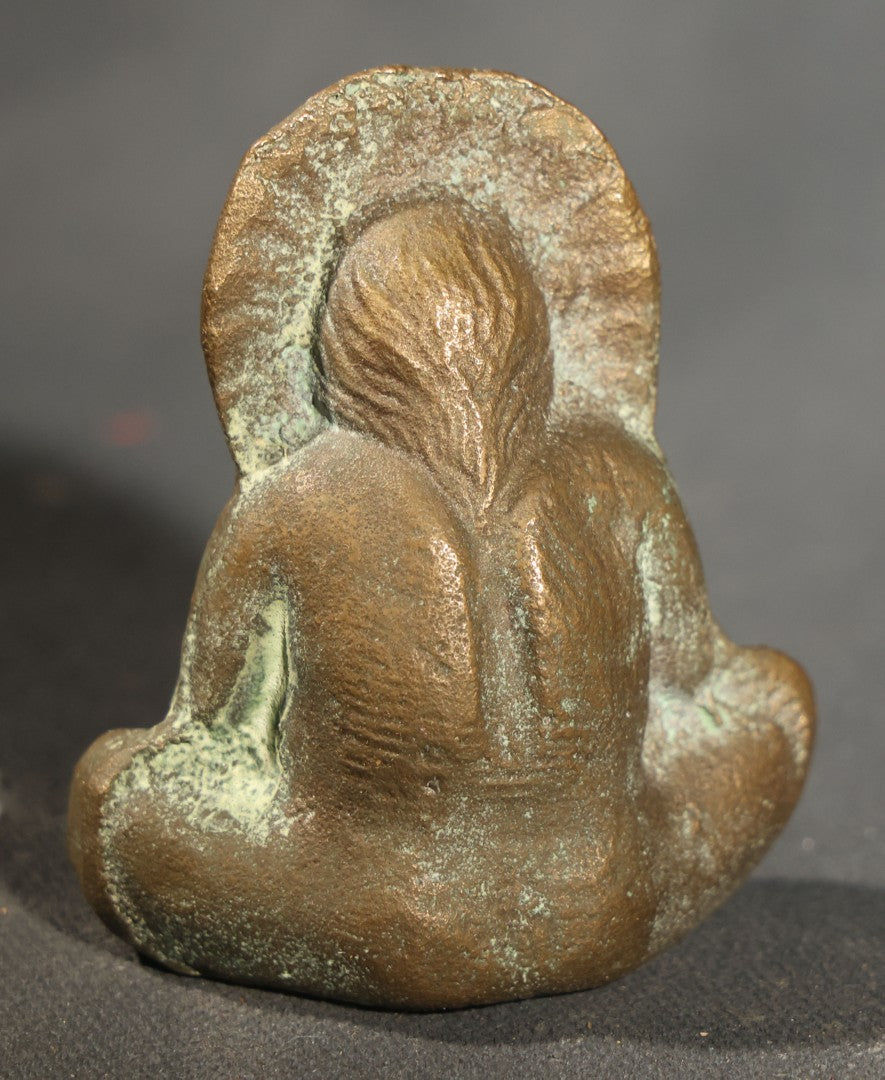 Vintage Brass Miniature Figural Paperweight of a Seated Figure in a Feathered Headdress Holding a Bowl