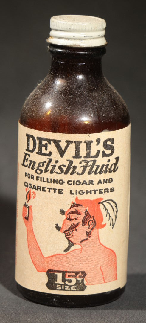 Vintage "Devil's English Fluid" Advertising Bottle for Cigar and Cigarette Lighters with Devil Figural Label, Devil Laboratories Company, Cincinnati, Ohio