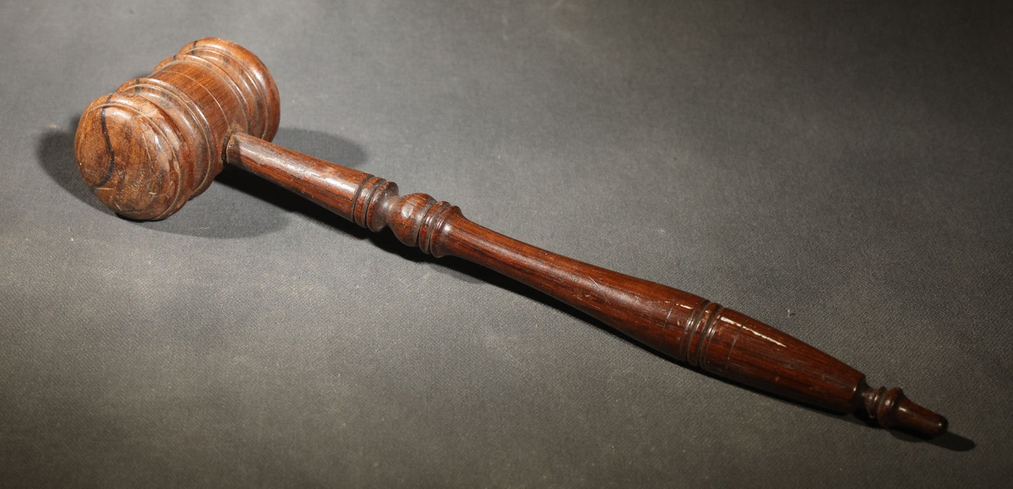 Antique Turned Wood Gavel with Ringed Head and Tapered Handle