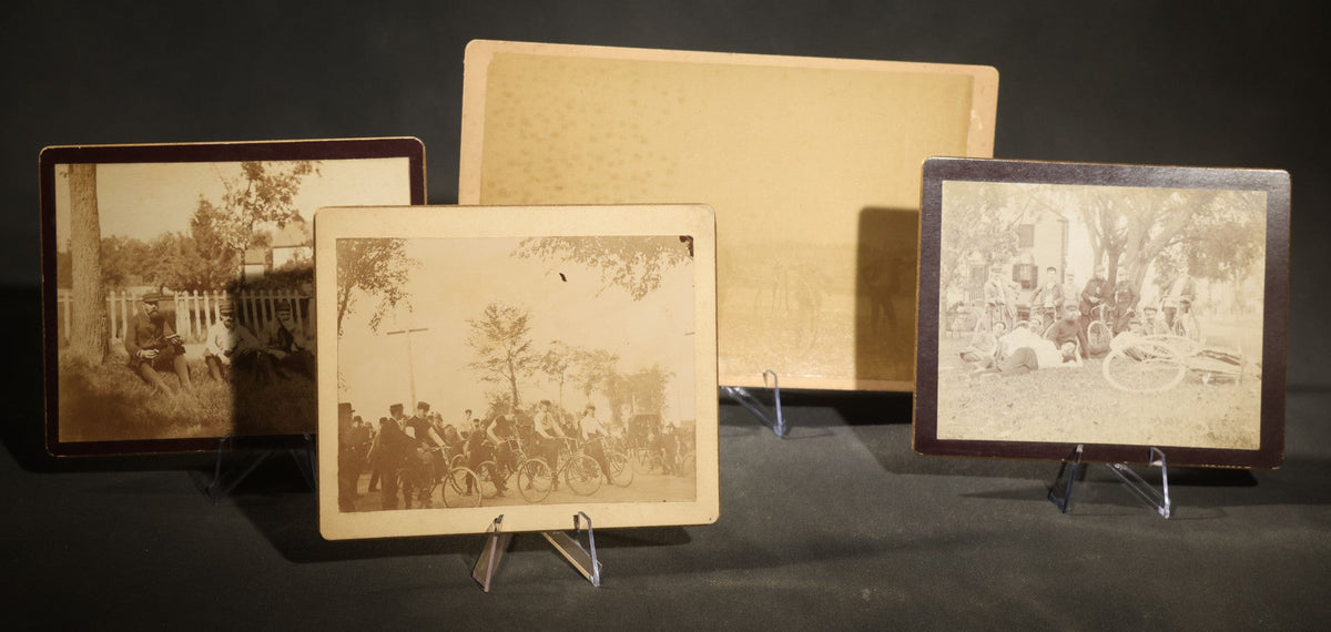 Grouping of Four Antique Board-Mounted Photographs of Cycling Groups and Bicyclists, Including High Wheel Bicycles and a Scene Inscribed Wellesley, Massachusetts