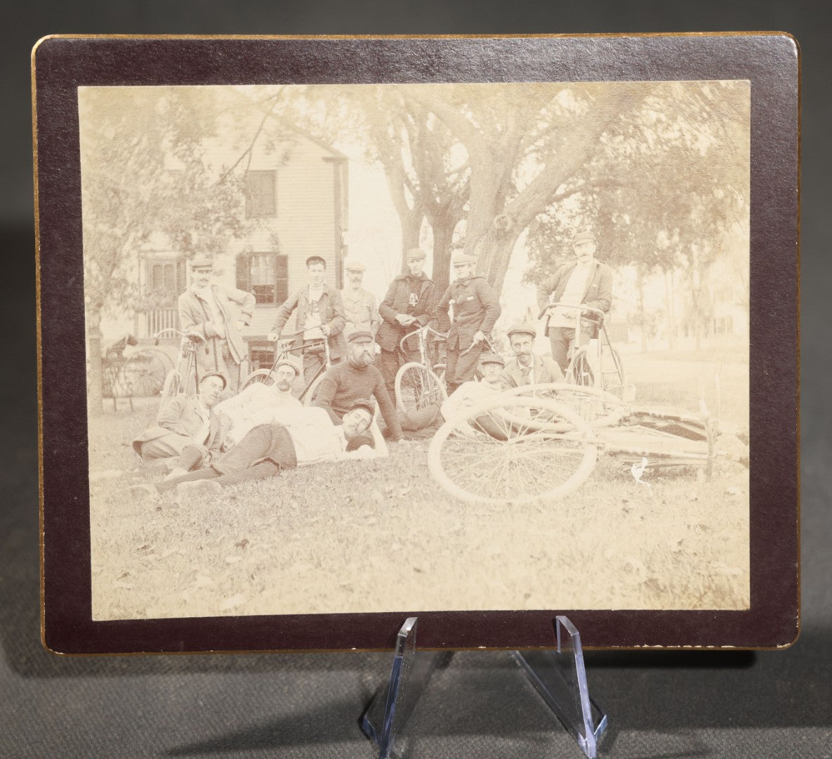 Grouping of Four Antique Board-Mounted Photographs of Cycling Groups and Bicyclists, Including High Wheel Bicycles and a Scene Inscribed Wellesley, Massachusetts