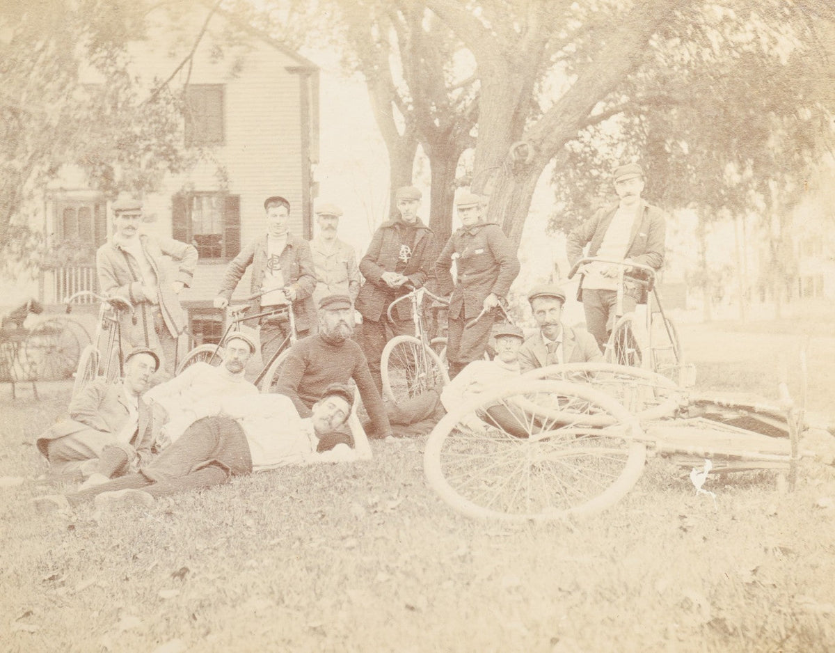 Grouping of Four Antique Board-Mounted Photographs of Cycling Groups and Bicyclists, Including High Wheel Bicycles and a Scene Inscribed Wellesley, Massachusetts