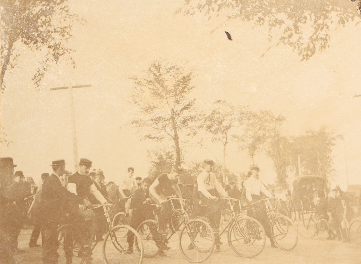 Grouping of Four Antique Board-Mounted Photographs of Cycling Groups and Bicyclists, Including High Wheel Bicycles and a Scene Inscribed Wellesley, Massachusetts