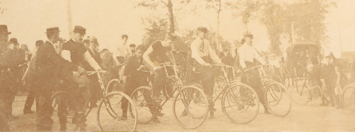 Grouping of Four Antique Board-Mounted Photographs of Cycling Groups and Bicyclists, Including High Wheel Bicycles and a Scene Inscribed Wellesley, Massachusetts
