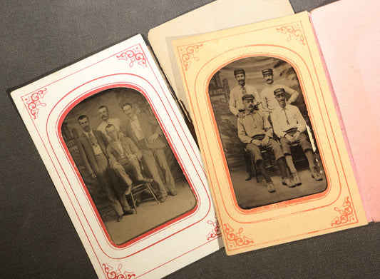 Pair of Antique Tintype Photographs of Groups of Men in Paper Frames