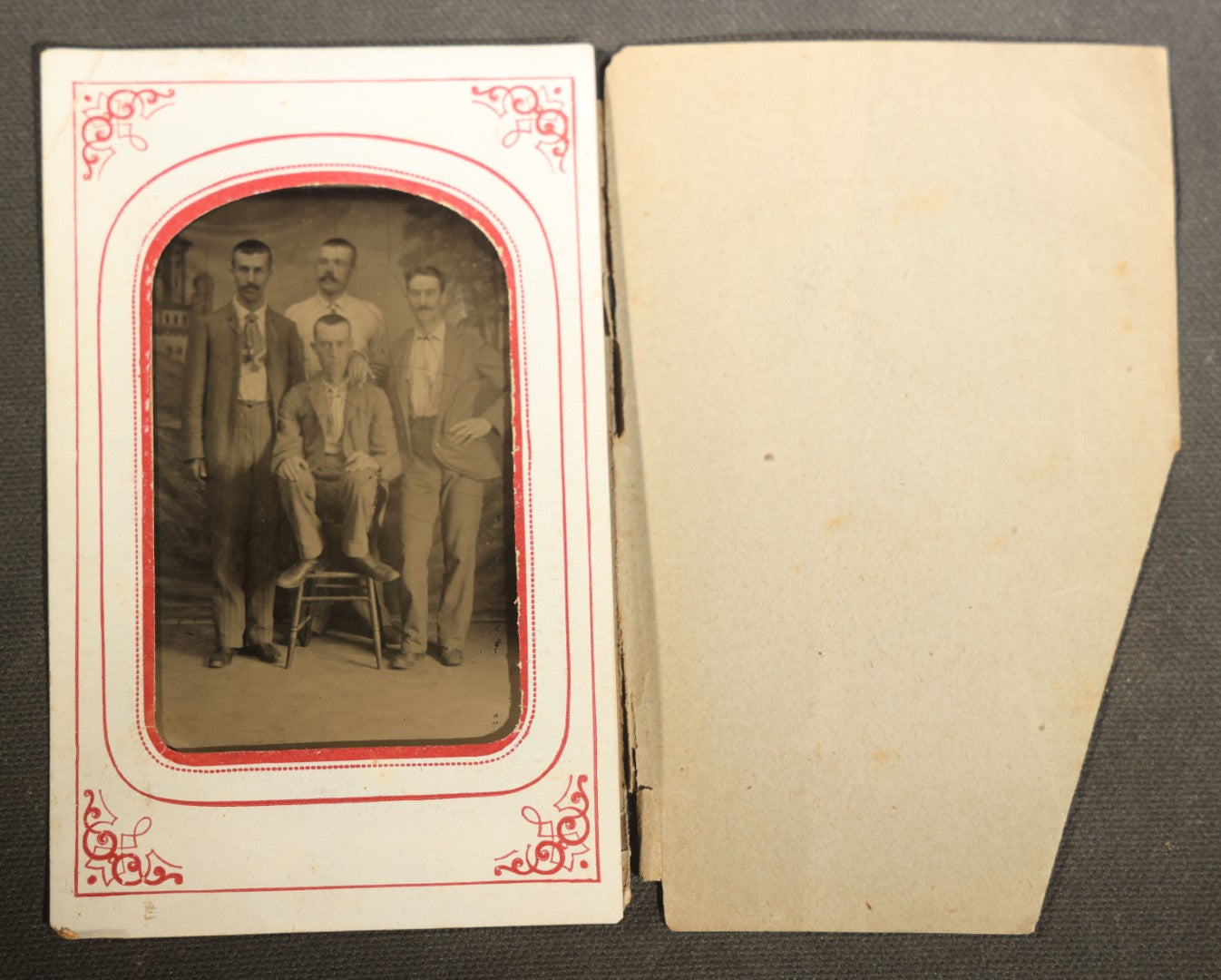 Pair of Antique Tintype Photographs of Groups of Men in Paper Frames