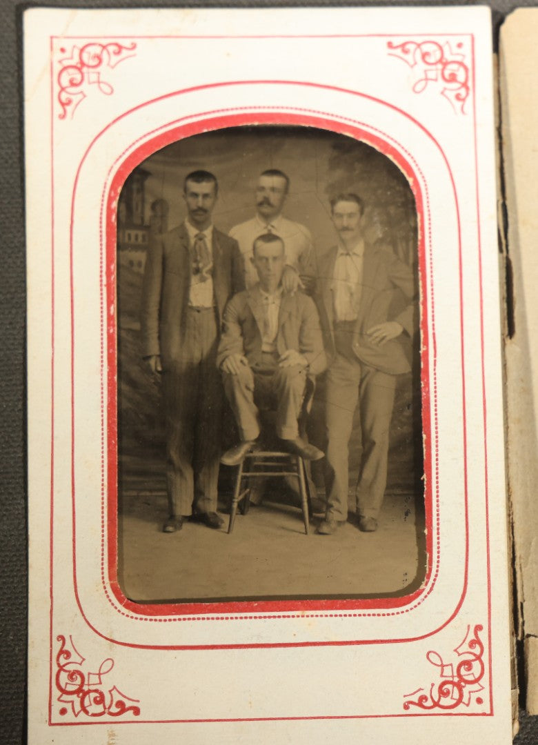 Pair of Antique Tintype Photographs of Groups of Men in Paper Frames