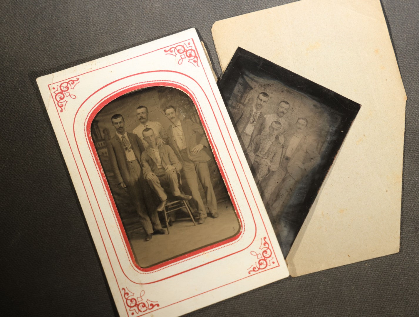 Pair of Antique Tintype Photographs of Groups of Men in Paper Frames