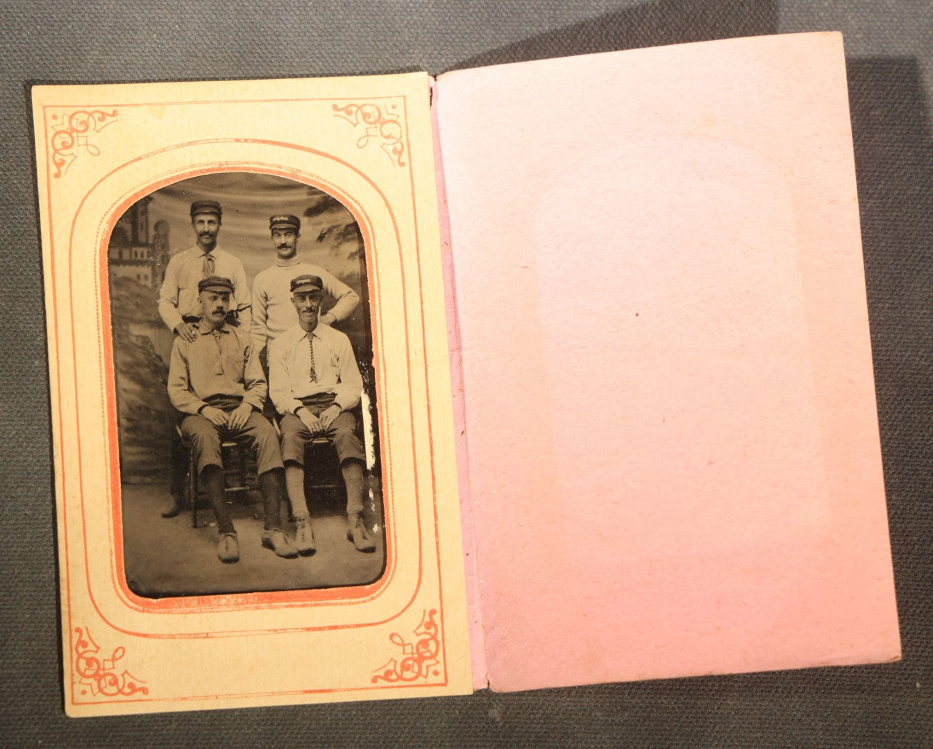 Pair of Antique Tintype Photographs of Groups of Men in Paper Frames