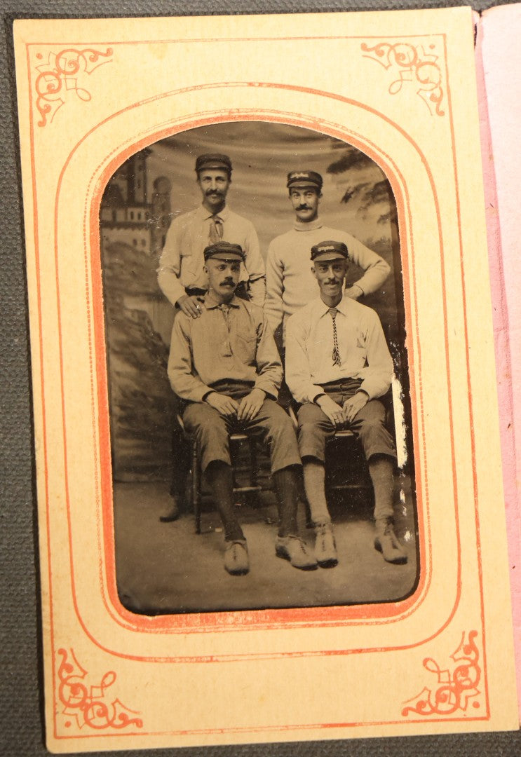 Pair of Antique Tintype Photographs of Groups of Men in Paper Frames