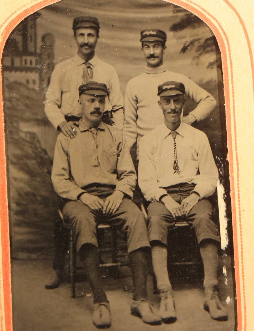 Pair of Antique Tintype Photographs of Groups of Men in Paper Frames