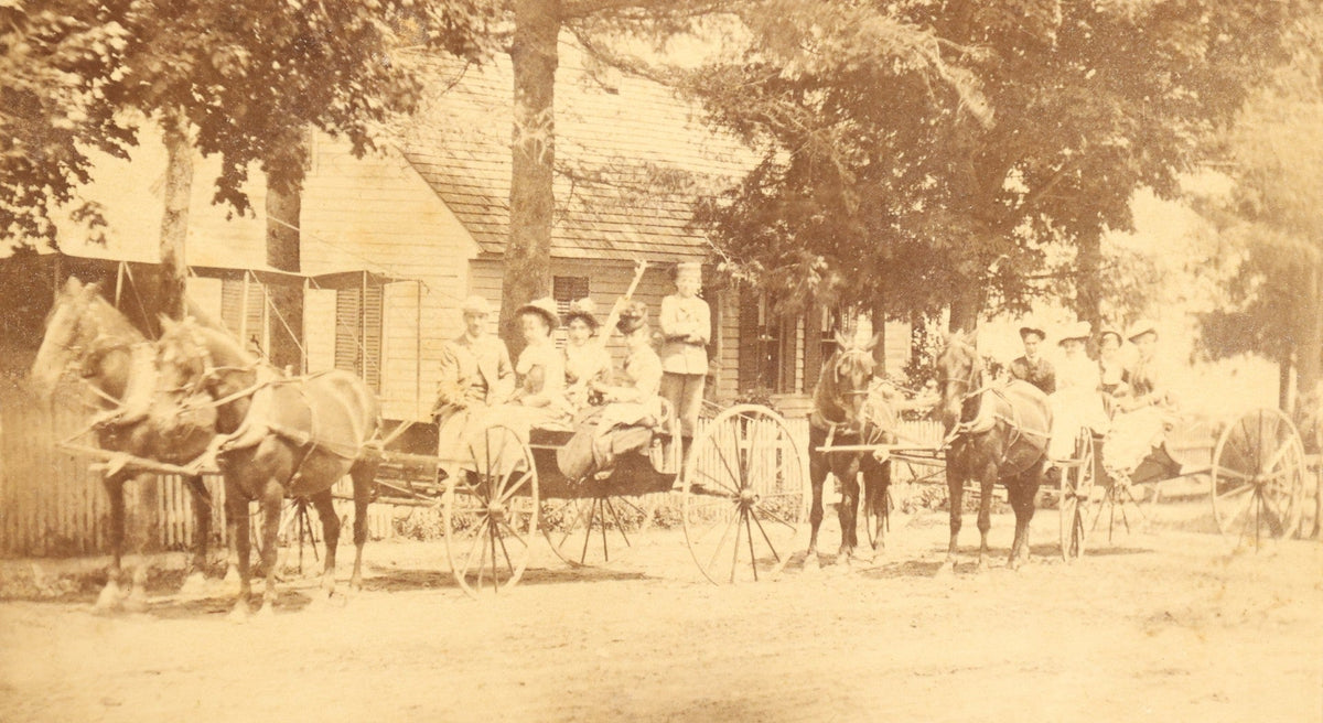 Trio of Antique Board-Mounted Photographs Including a Cabinet Card of a Boy with Violin, by Hardy, Boston, a Horse-Drawn Carriage Party by J. P. Haseltine, Lancaster, New Hampshire, and a Man Posed with Cannons, by Hollis Studio, Boston