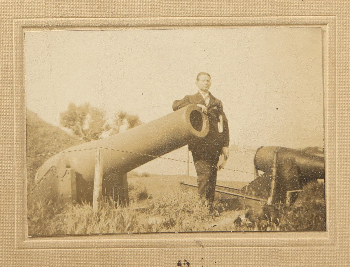 Trio of Antique Board-Mounted Photographs Including a Cabinet Card of a Boy with Violin, by Hardy, Boston, a Horse-Drawn Carriage Party by J. P. Haseltine, Lancaster, New Hampshire, and a Man Posed with Cannons, by Hollis Studio, Boston