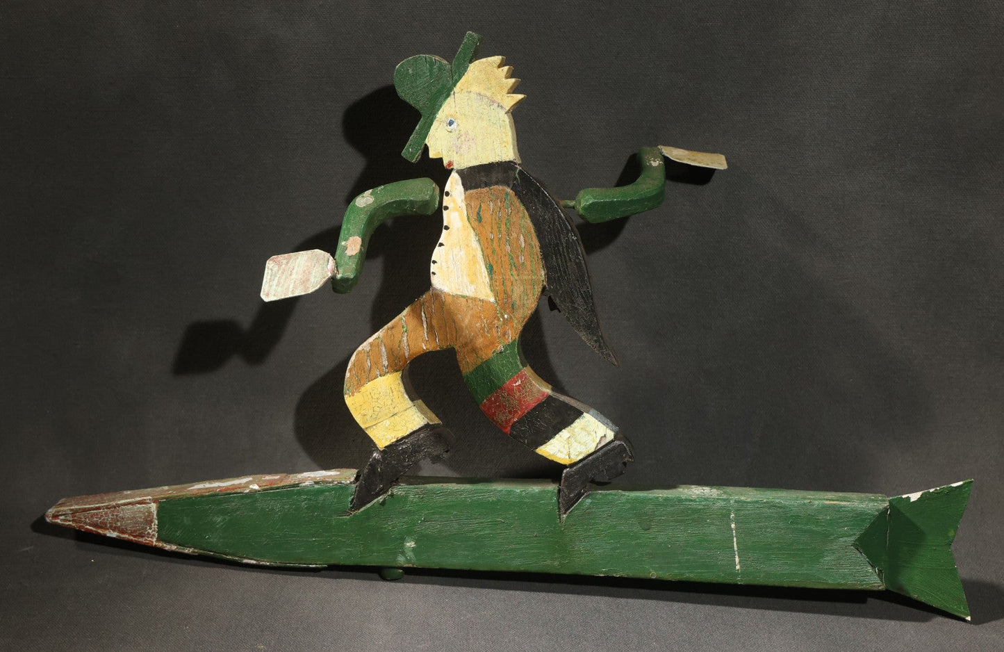 Vintage Folk Art Painted Wood Whirligig with Running Tramp Figure on Arrow Form