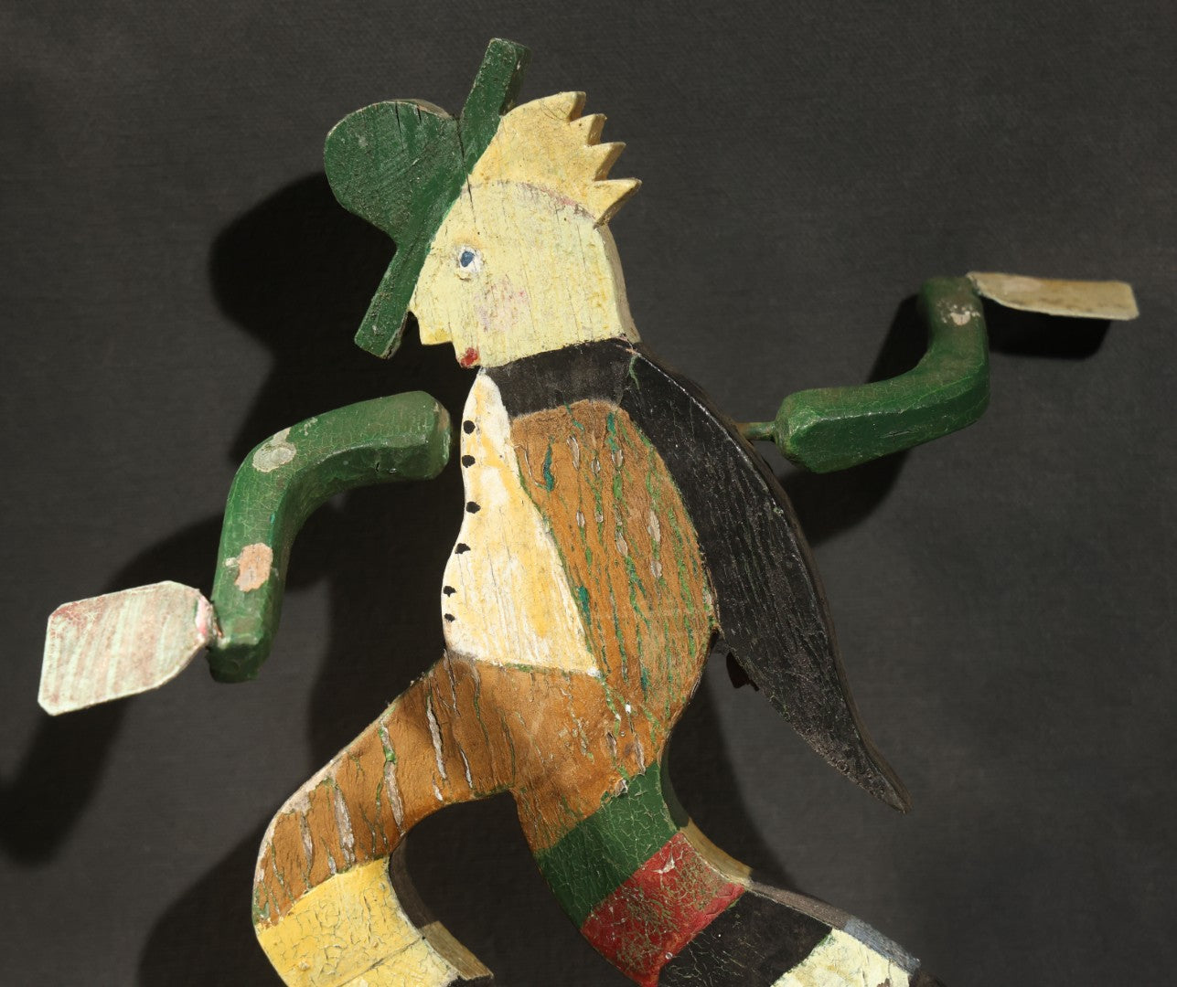 Vintage Folk Art Painted Wood Whirligig with Running Tramp Figure on Arrow Form