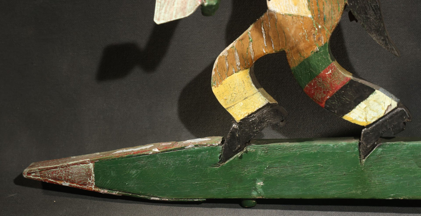 Vintage Folk Art Painted Wood Whirligig with Running Tramp Figure on Arrow Form