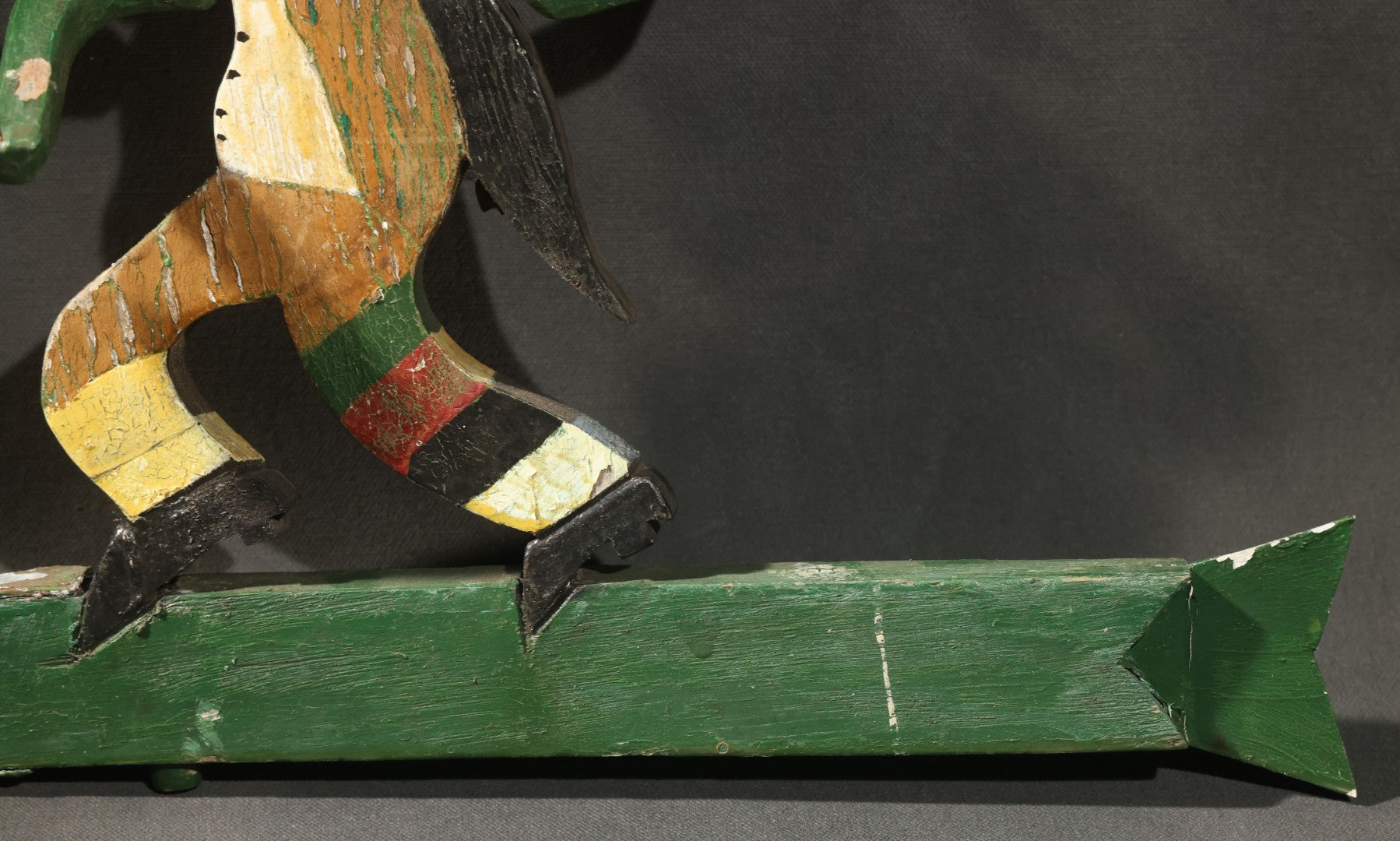 Vintage Folk Art Painted Wood Whirligig with Running Tramp Figure on Arrow Form