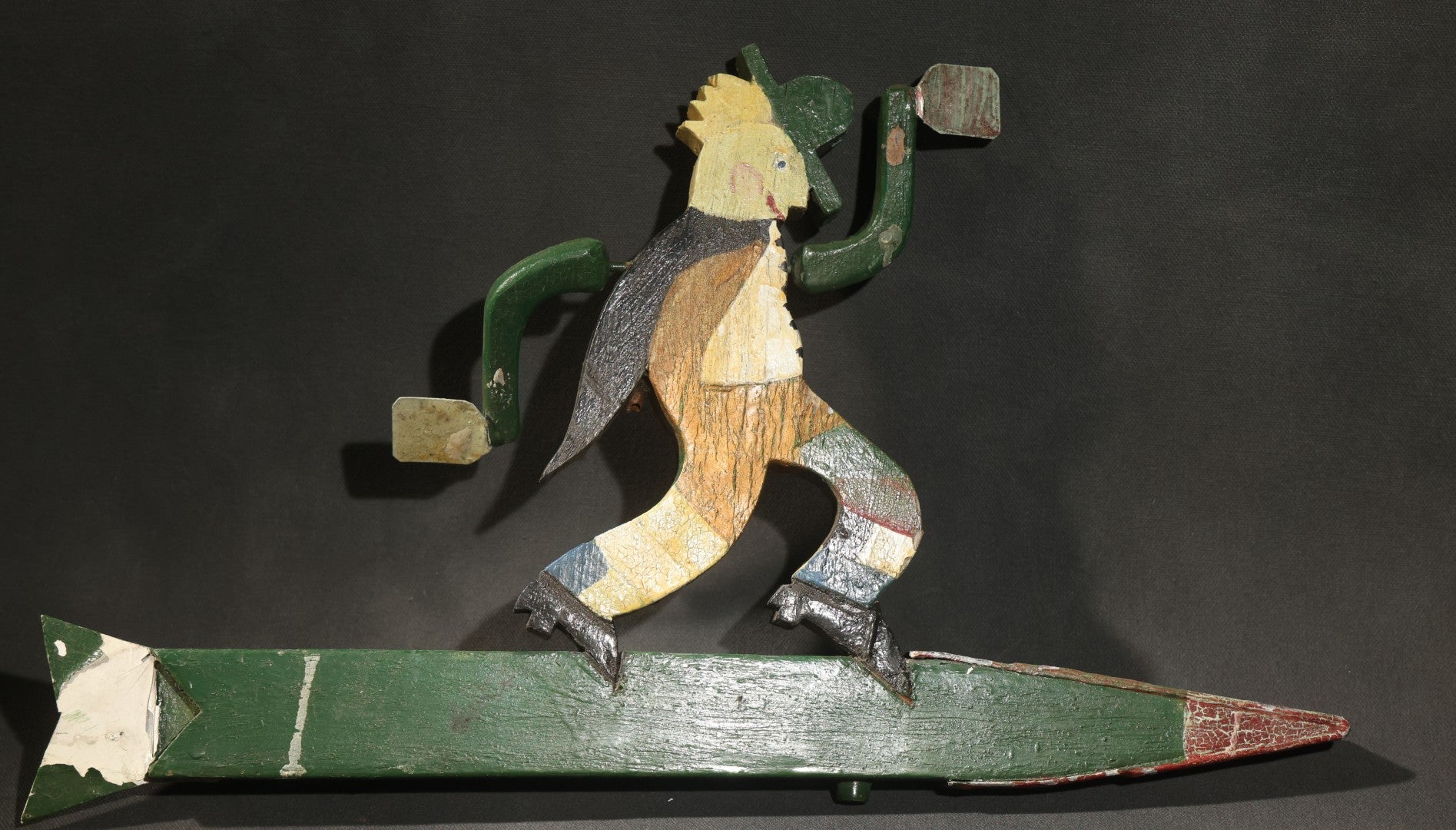 Vintage Folk Art Painted Wood Whirligig with Running Tramp Figure on Arrow Form