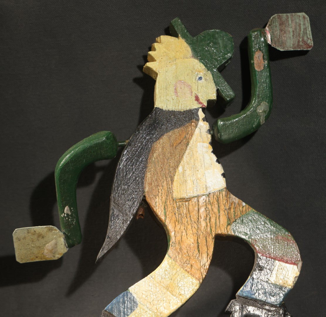 Vintage Folk Art Painted Wood Whirligig with Running Tramp Figure on Arrow Form