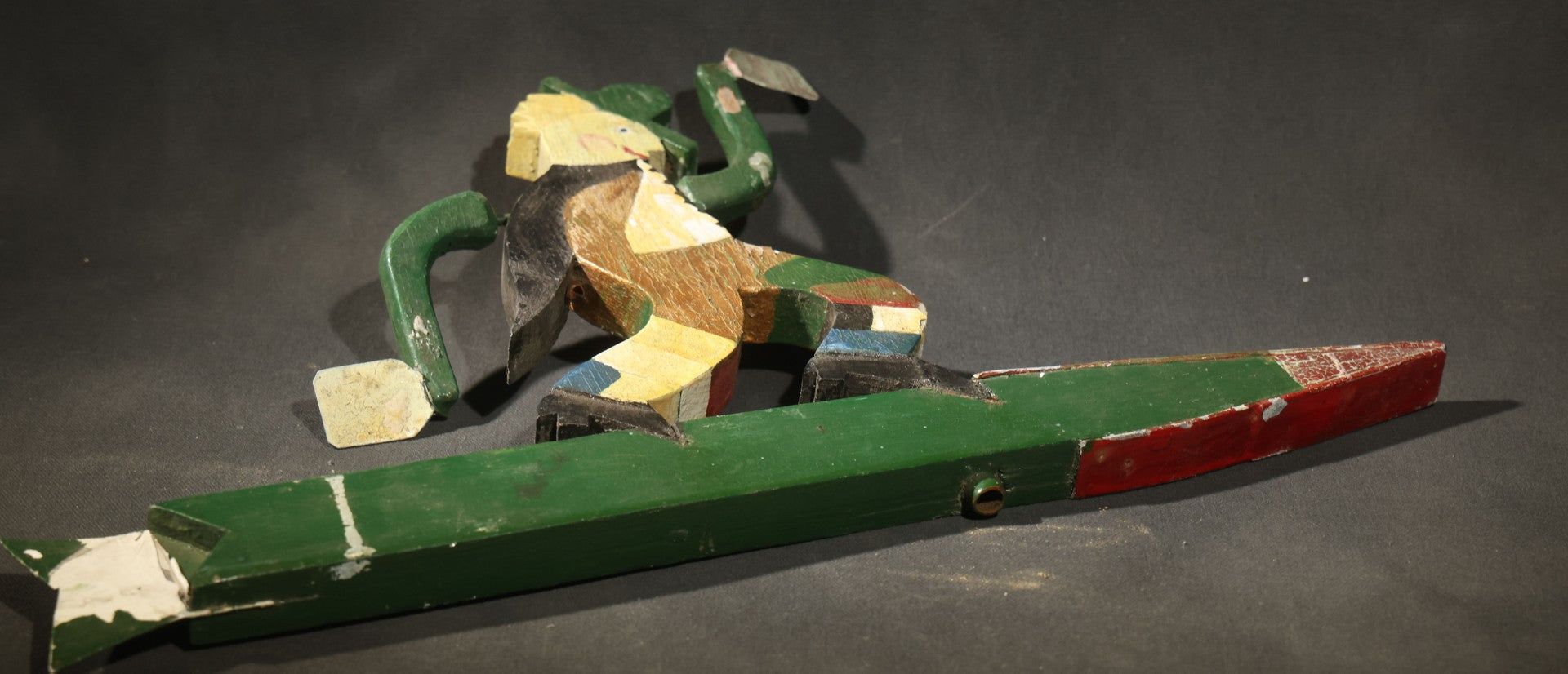 Vintage Folk Art Painted Wood Whirligig with Running Tramp Figure on Arrow Form