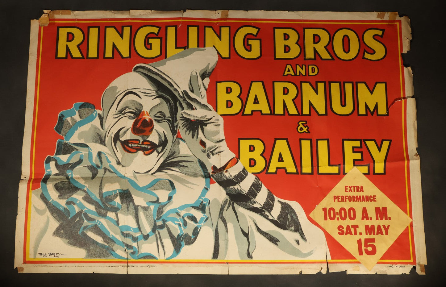 Vintage Ringling Bros. and Barnum & Bailey Circus Lithograph Poster, Clown with Blue Ruff, Extra Performance Saturday May 15, 10:00 A.M., Illustrated by Bill Bailey, Lithographed in U.S.A., Circa 1940
