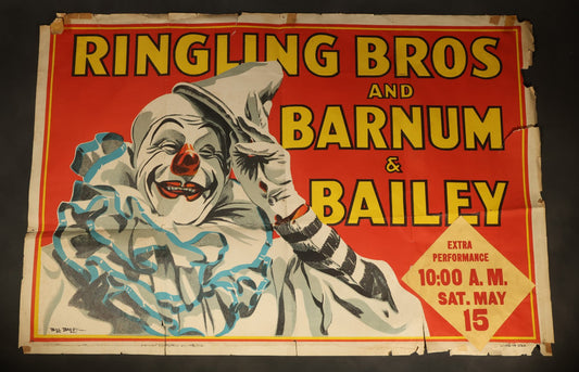 Vintage Ringling Bros. and Barnum & Bailey Circus Lithograph Poster, Clown with Blue Ruff, Extra Performance Saturday May 15, 10:00 A.M., Illustrated by Bill Bailey, Lithographed in U.S.A., Circa 1940