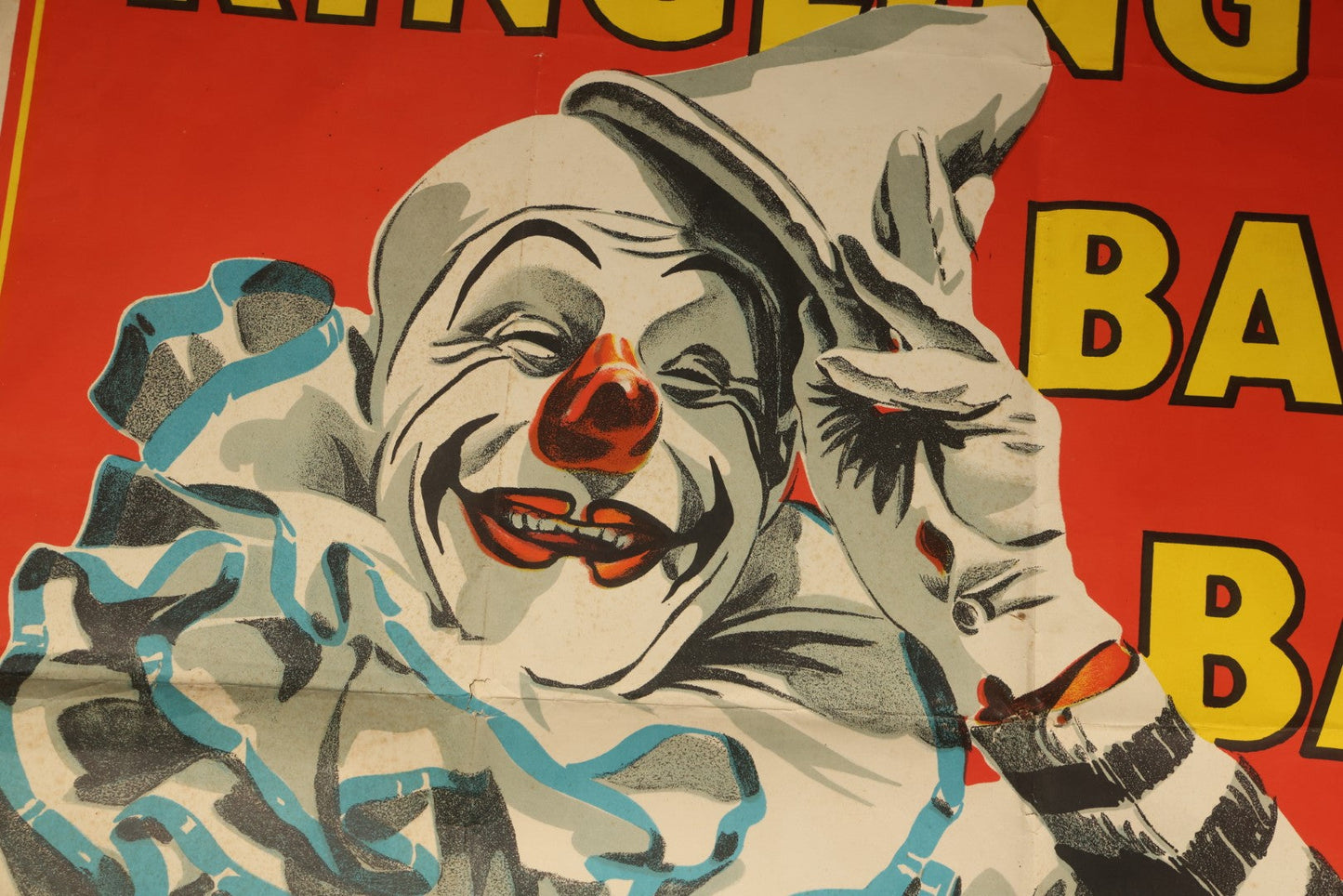 Vintage Ringling Bros. and Barnum & Bailey Circus Lithograph Poster, Clown with Blue Ruff, Extra Performance Saturday May 15, 10:00 A.M., Illustrated by Bill Bailey, Lithographed in U.S.A., Circa 1940