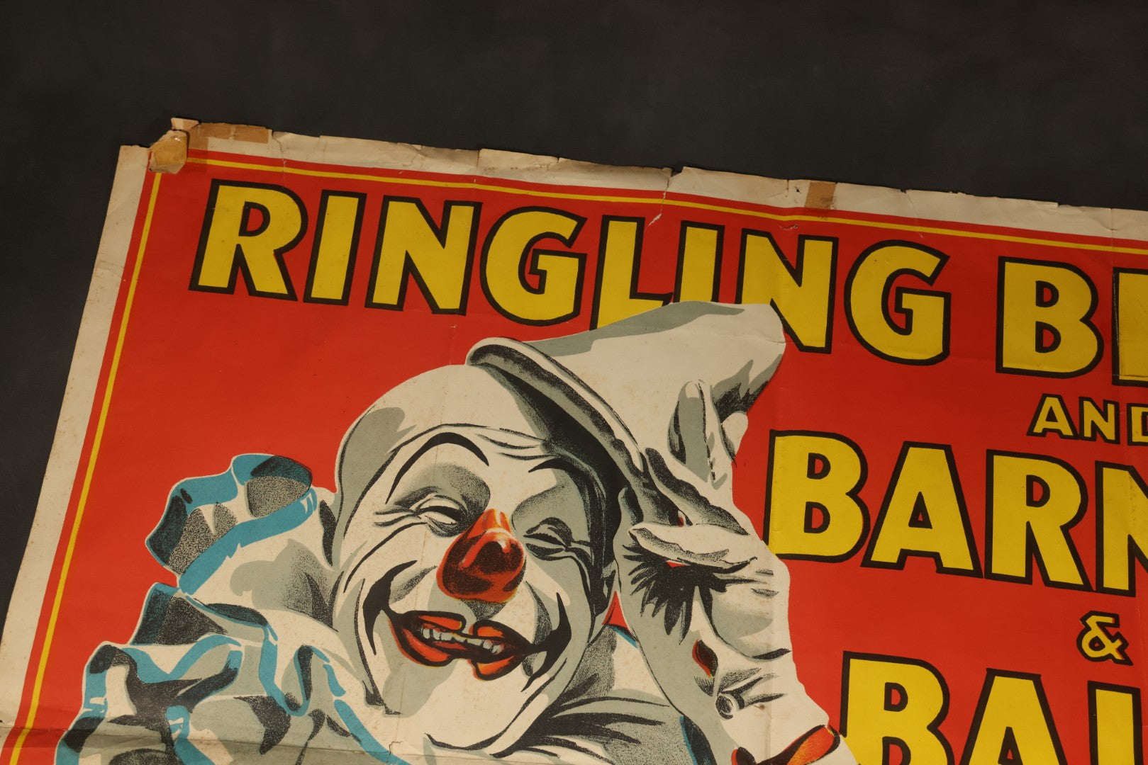 Vintage Ringling Bros. and Barnum & Bailey Circus Lithograph Poster, Clown with Blue Ruff, Extra Performance Saturday May 15, 10:00 A.M., Illustrated by Bill Bailey, Lithographed in U.S.A., Circa 1940