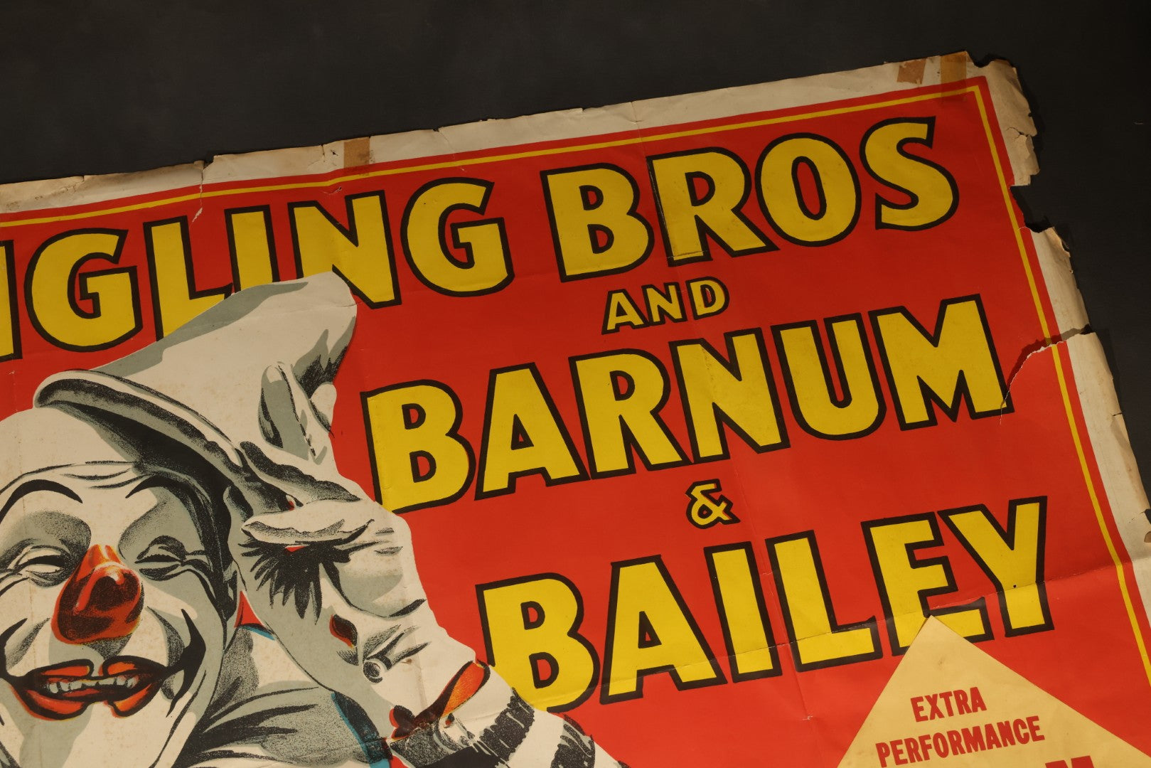 Vintage Ringling Bros. and Barnum & Bailey Circus Lithograph Poster, Clown with Blue Ruff, Extra Performance Saturday May 15, 10:00 A.M., Illustrated by Bill Bailey, Lithographed in U.S.A., Circa 1940