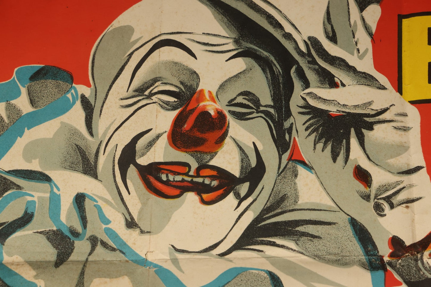 Vintage Ringling Bros. and Barnum & Bailey Circus Lithograph Poster, Clown with Blue Ruff, Extra Performance Saturday May 15, 10:00 A.M., Illustrated by Bill Bailey, Lithographed in U.S.A., Circa 1940