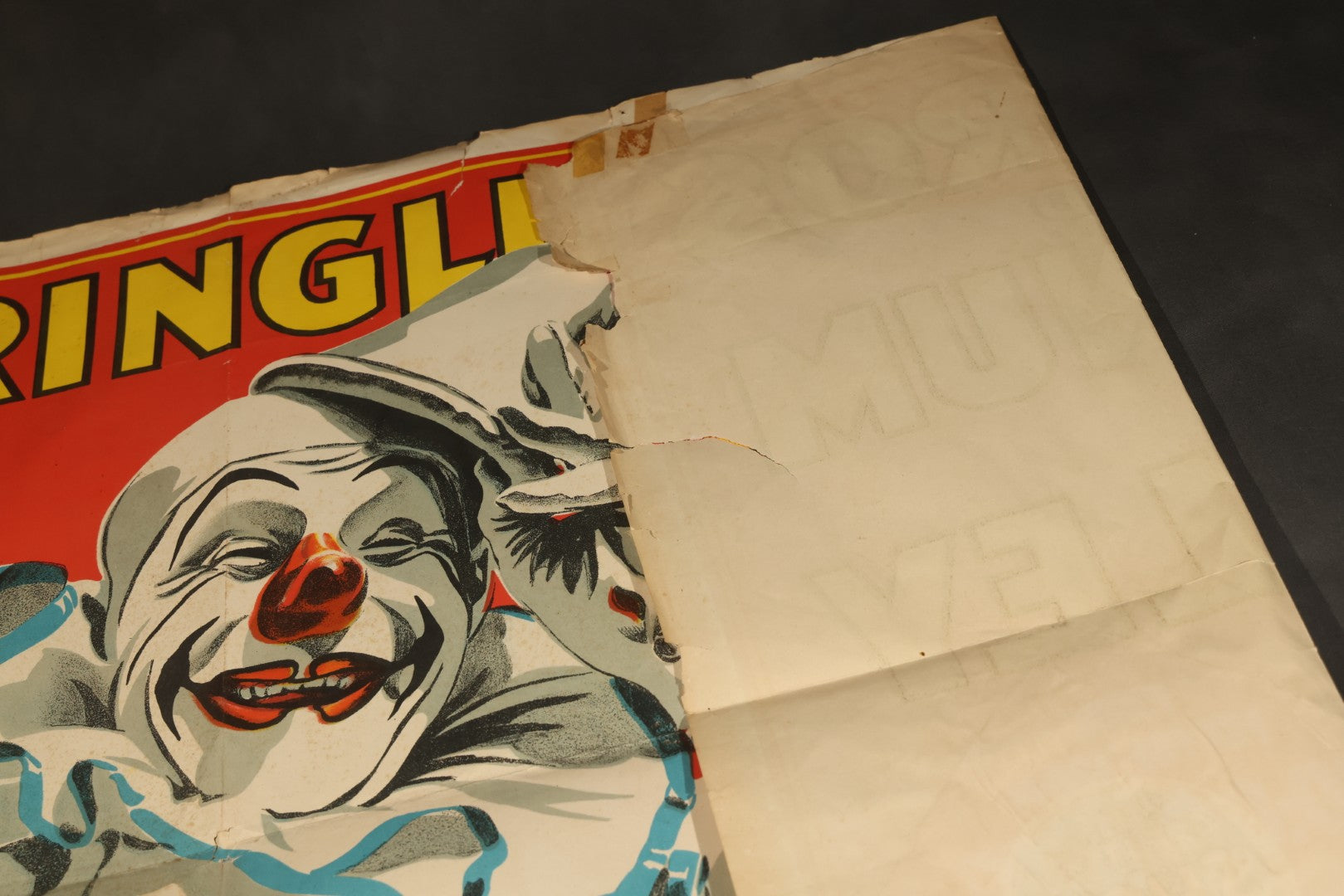 Vintage Ringling Bros. and Barnum & Bailey Circus Lithograph Poster, Clown with Blue Ruff, Extra Performance Saturday May 15, 10:00 A.M., Illustrated by Bill Bailey, Lithographed in U.S.A., Circa 1940