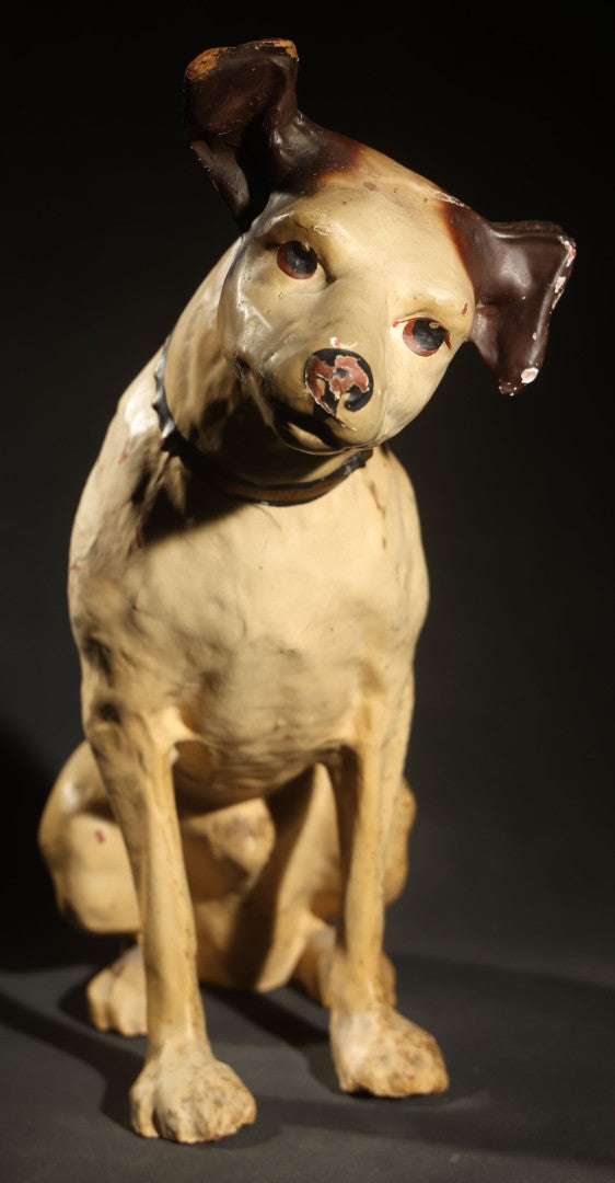 Antique Nipper the Dog Composition Advertising Figure, "His Master's Voice," Advertising R.C.A. Victor Victrola Mascot, with Paper Label from Old King Cole Inc., Canton Ohio, 