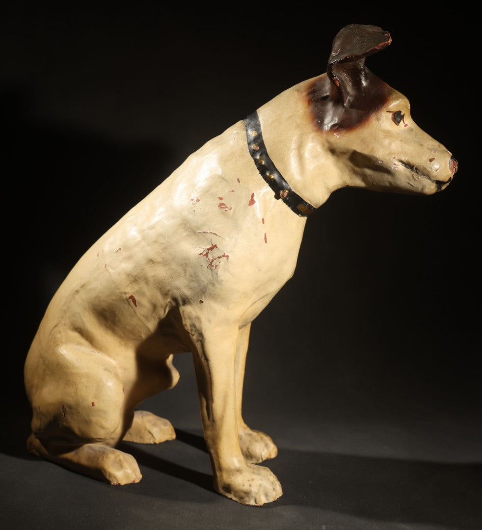 Antique Nipper the Dog Composition Advertising Figure, "His Master's Voice," Advertising R.C.A. Victor Victrola Mascot, with Paper Label from Old King Cole Inc., Canton Ohio, 