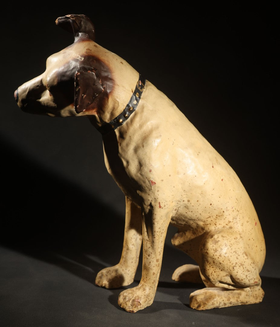 Antique Nipper the Dog Composition Advertising Figure, "His Master's Voice," Advertising R.C.A. Victor Victrola Mascot, with Paper Label from Old King Cole Inc., Canton Ohio, 