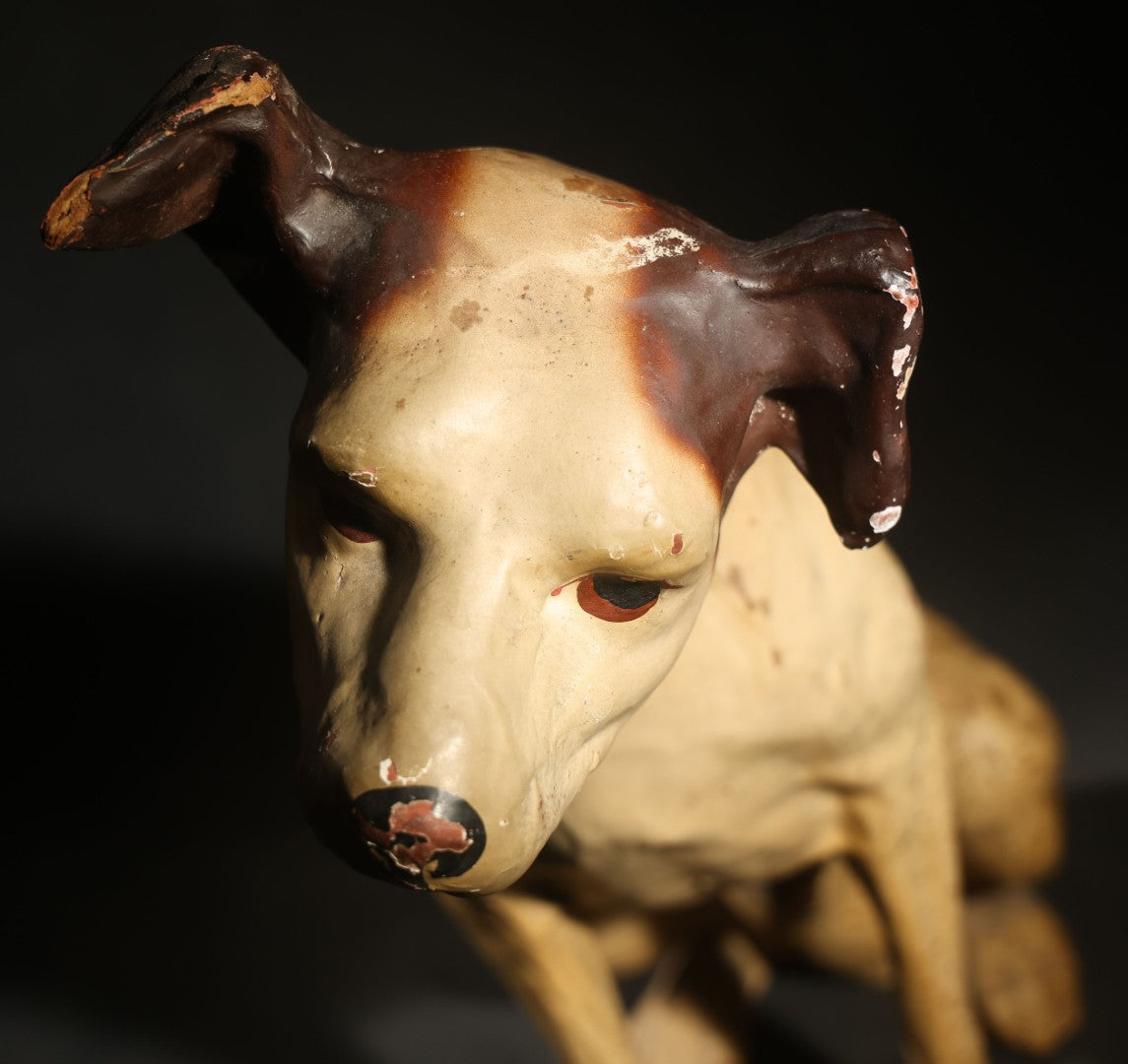 Antique Nipper the Dog Composition Advertising Figure, "His Master's Voice," Advertising R.C.A. Victor Victrola Mascot, with Paper Label from Old King Cole Inc., Canton Ohio, 