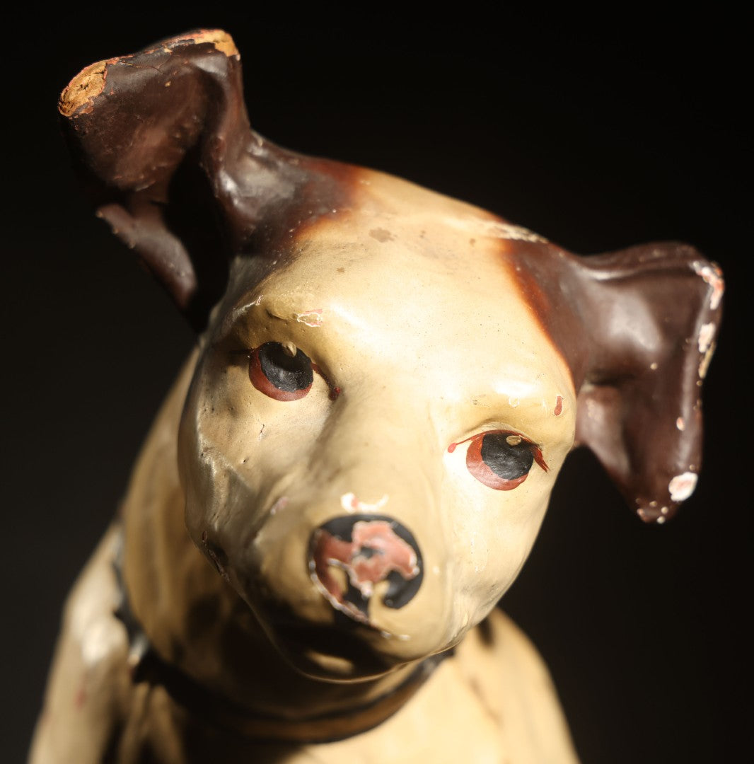 Antique Nipper the Dog Composition Advertising Figure, "His Master's Voice," Advertising R.C.A. Victor Victrola Mascot, with Paper Label from Old King Cole Inc., Canton Ohio, 