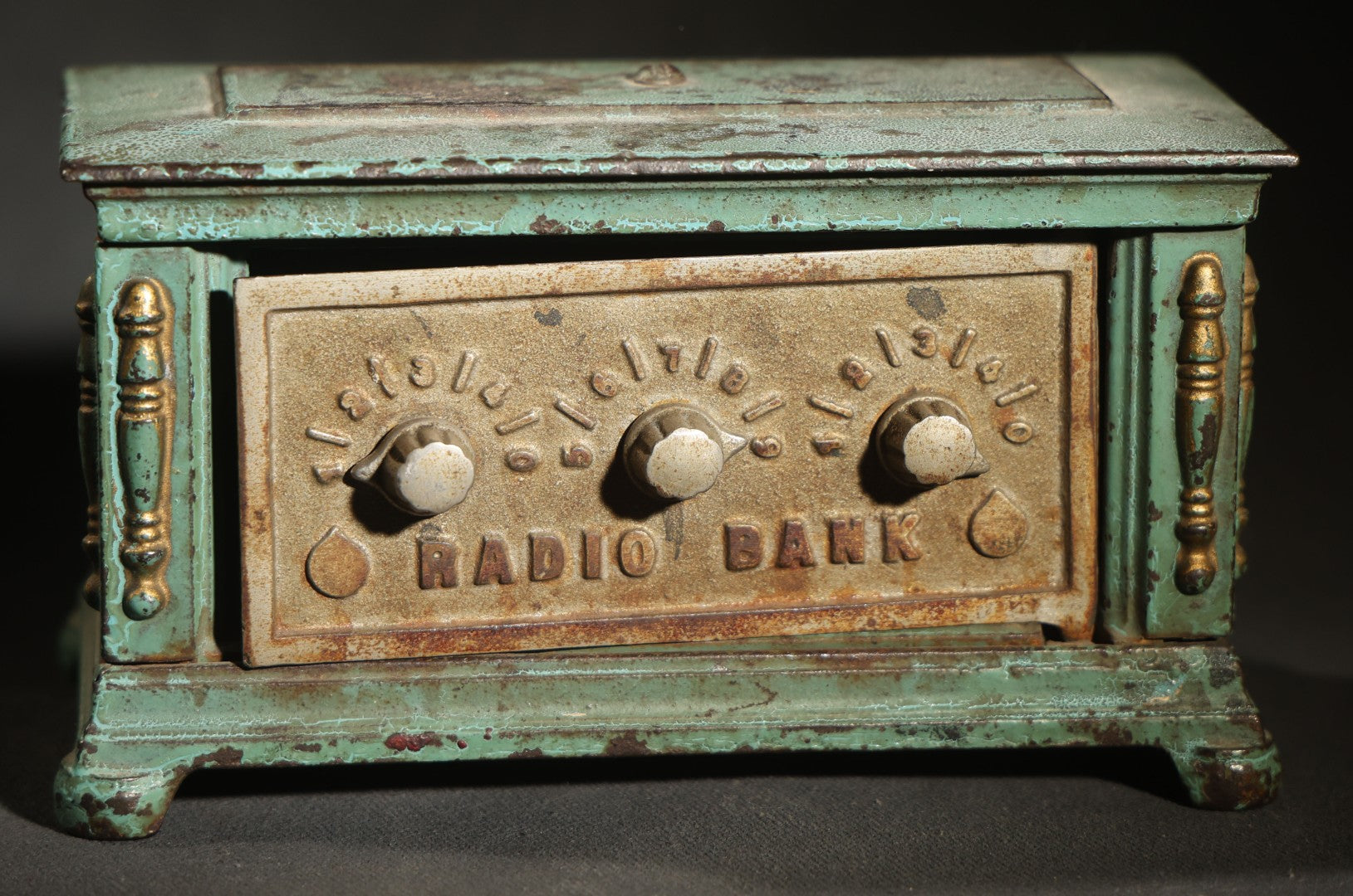 Vintage Cast Iron Radio Bank with Combination Lock Dials, Kenton Toys, Kenton, Ohio