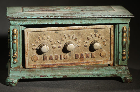 Vintage Cast Iron Radio Bank with Combination Lock Dials, Kenton Toys, Kenton, Ohio