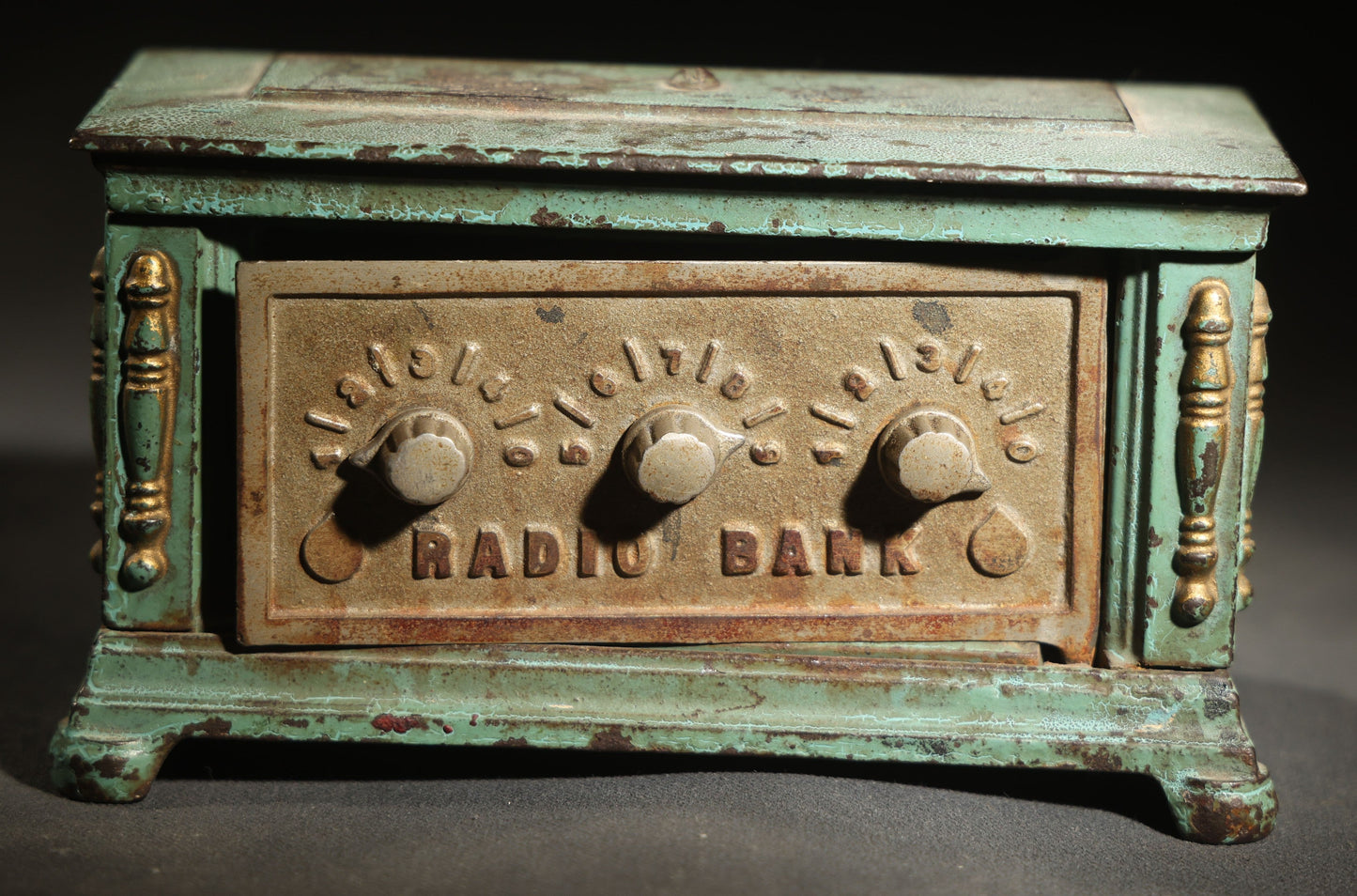 Vintage Cast Iron Radio Bank with Combination Lock Dials, Kenton Toys, Kenton, Ohio