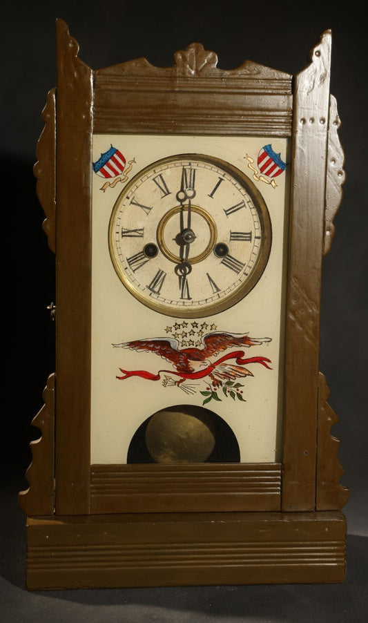 Antique Reverse-Painted Eagle Mantel Clock with Time and Strike, Ansonia Clock Company, New York