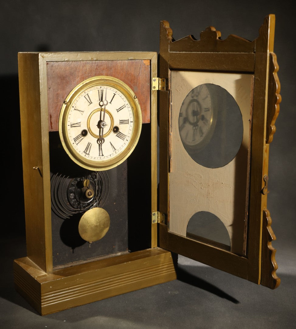 Antique Reverse-Painted Eagle Mantel Clock with Time and Strike, Ansonia Clock Company, New York