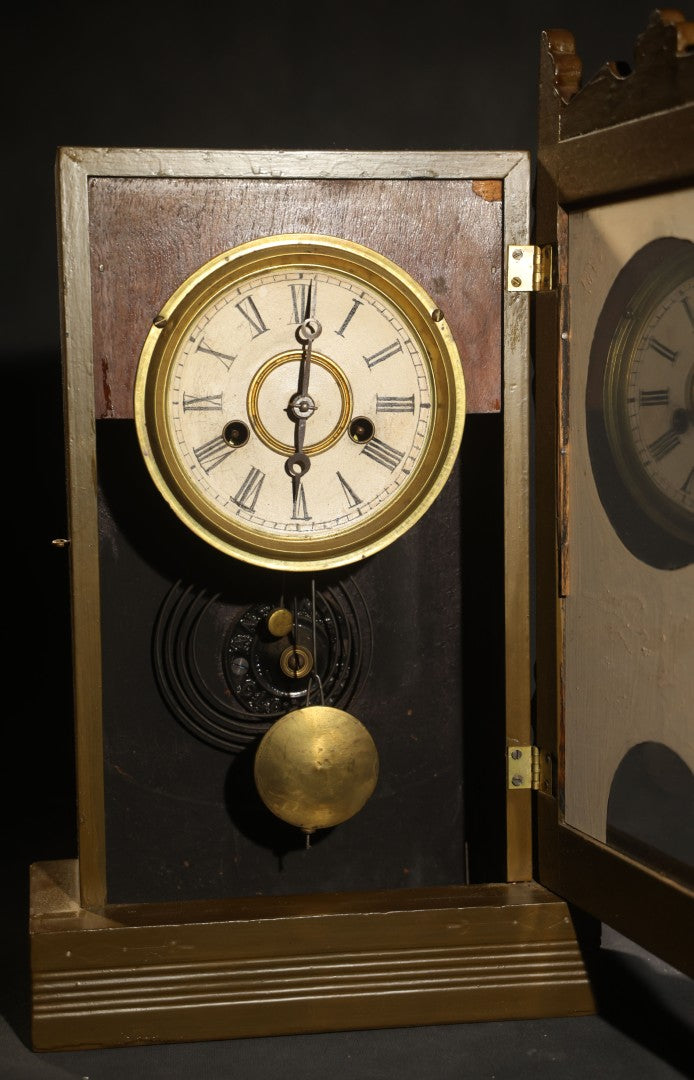 Antique Reverse-Painted Eagle Mantel Clock with Time and Strike, Ansonia Clock Company, New York