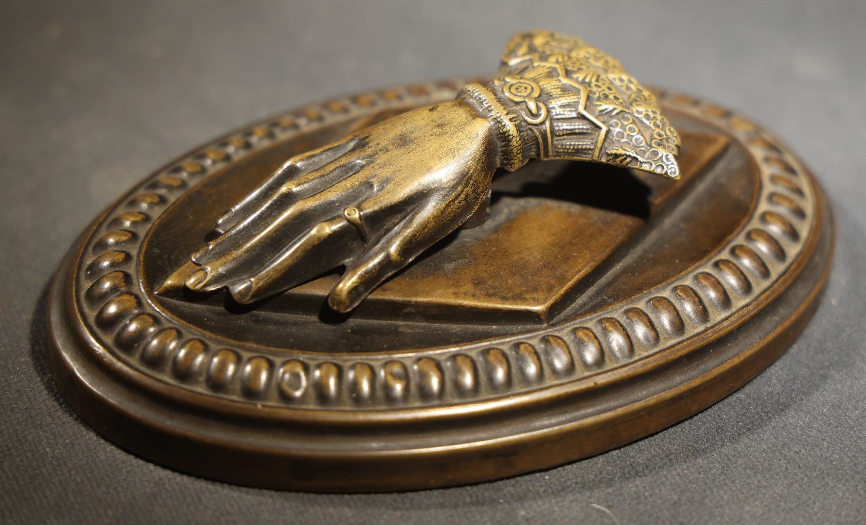 Antique Victorian Hand-Form Paper Clip with Ornate Cuffed Sleeve, Pressed Brass with Cast Iron Weighted Base