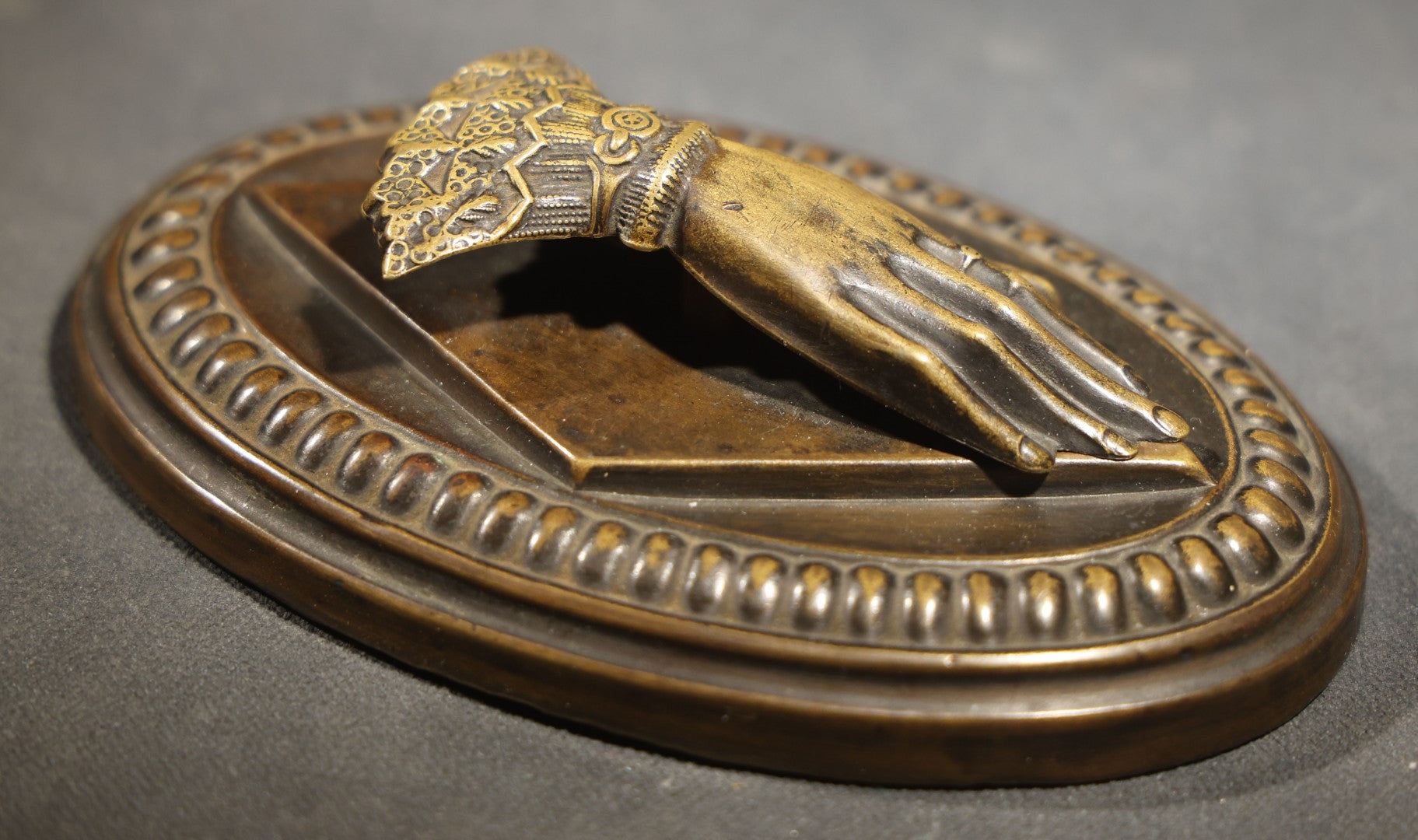 Antique Victorian Hand-Form Paper Clip with Ornate Cuffed Sleeve, Pressed Brass with Cast Iron Weighted Base