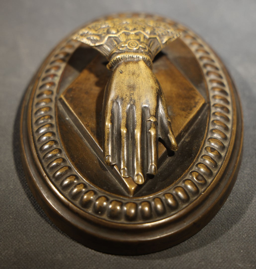 Antique Victorian Hand-Form Paper Clip with Ornate Cuffed Sleeve, Pressed Brass with Cast Iron Weighted Base