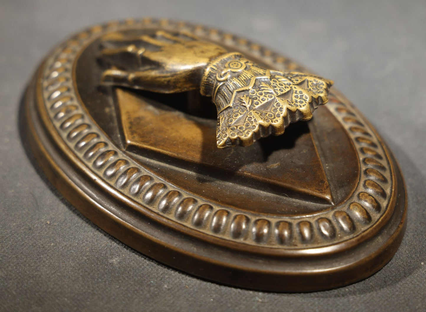 Antique Victorian Hand-Form Paper Clip with Ornate Cuffed Sleeve, Pressed Brass with Cast Iron Weighted Base