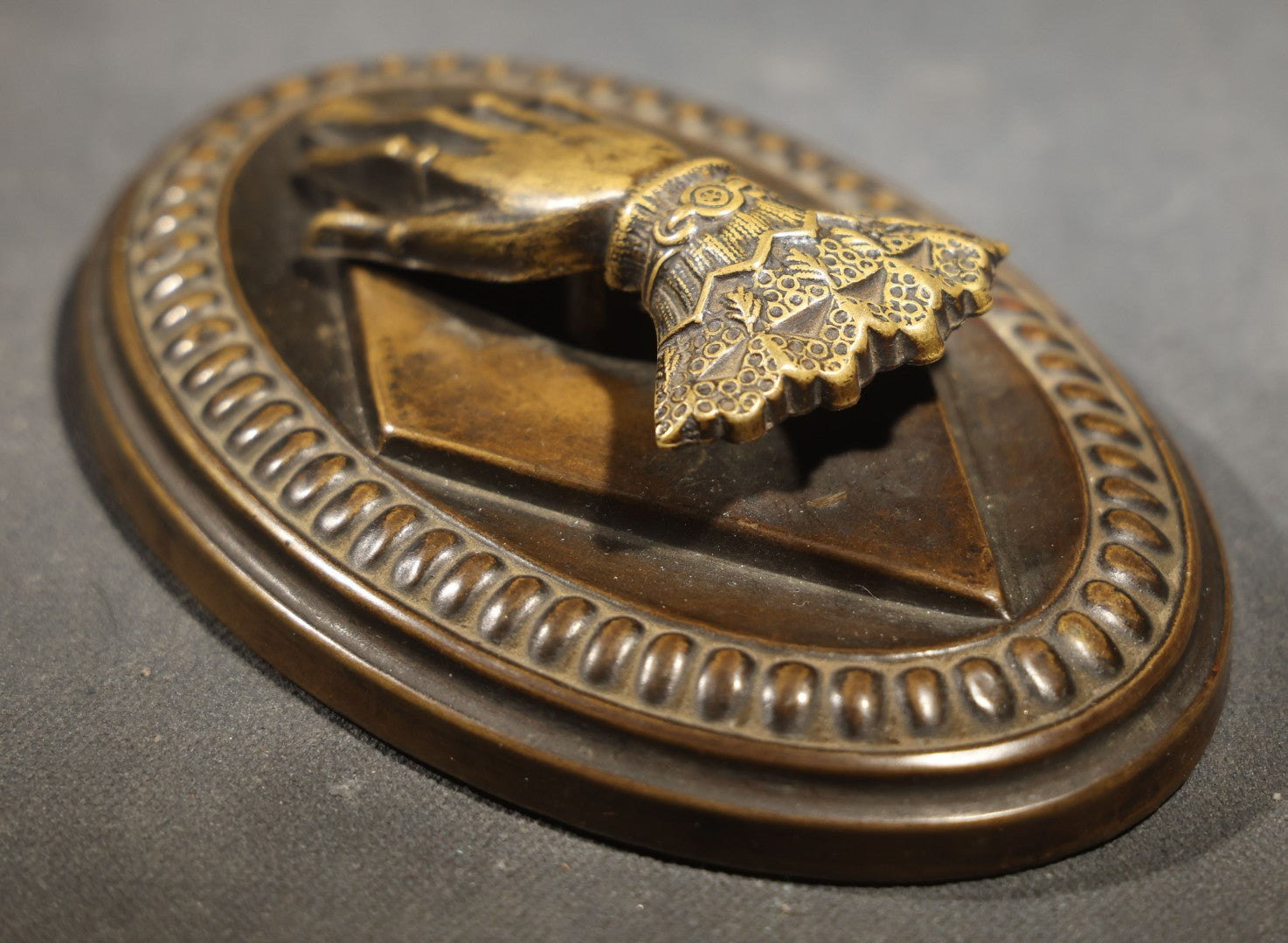 Antique Victorian Hand-Form Paper Clip with Ornate Cuffed Sleeve, Pressed Brass with Cast Iron Weighted Base