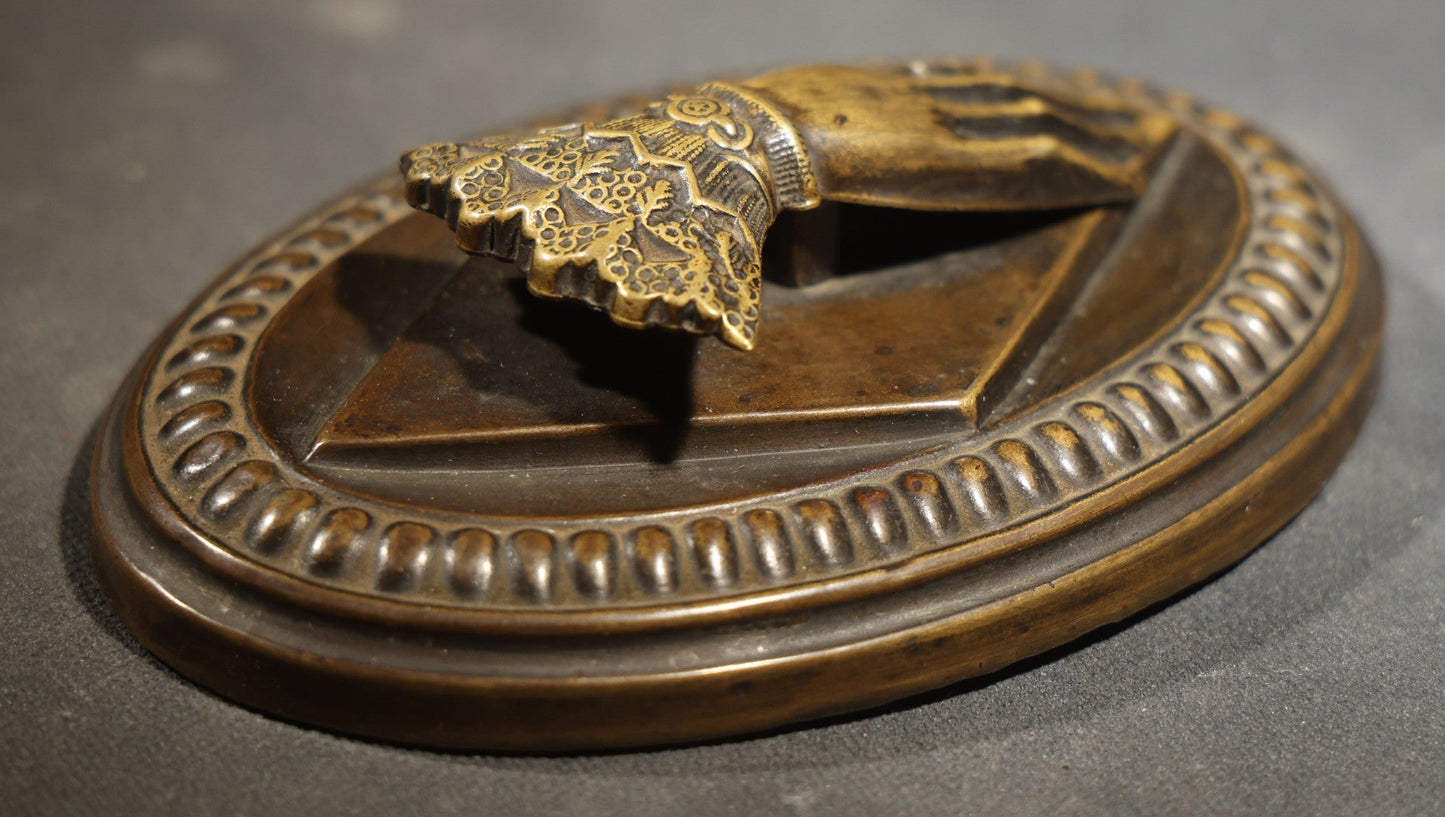 Antique Victorian Hand-Form Paper Clip with Ornate Cuffed Sleeve, Pressed Brass with Cast Iron Weighted Base